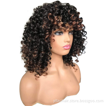 Wholesale Short Bob Black Highlight Wig With Bangs for Black Women 14 Inch Afro Kinky Loose Curly Wave Synthetic Hair Wigs
